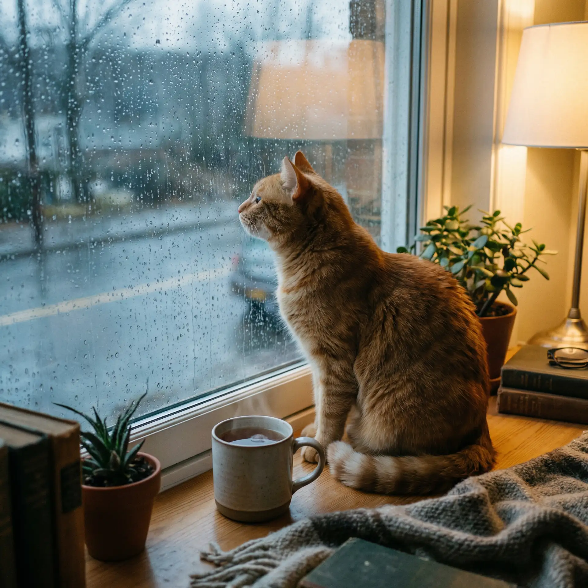 猫咪望着窗外的雨 - 缓慢而有力的一下又一下视频